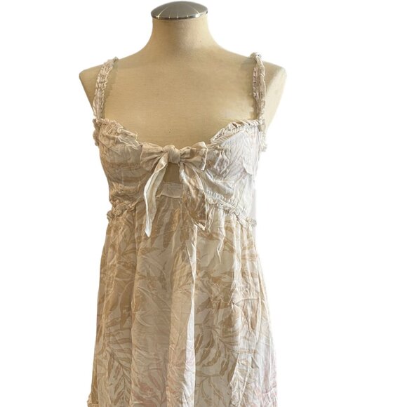 Ocean Drive Mini Dress S Leaf Print Tie Front Tan Cream Pink Tiered Size Small - Picture 5 of 9